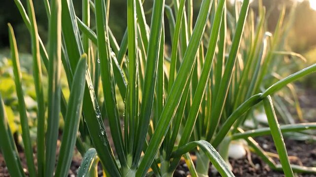 Green Onions Growing in a Garden Bed During Golden Hour.
