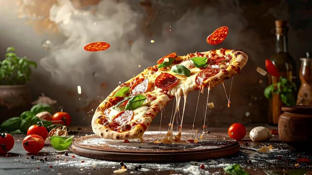 Delicious Pepperoni Pizza Levitation with Falling Ingredients.