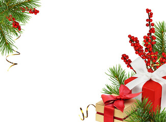 Red and golden gift boxes with ribbon bows and green fir twigs of Christmas tree in holiday corner arrangements isolated on white or transparent background