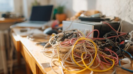 A cluttered workspace featuring tangled cables and wires, creating a chaotic yet creative atmosphere.