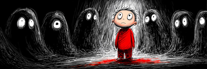 A haunting ink-doodle illustration depicting a terrified child in red surrounded by eerie black dark ghost figures, symbolizing childhood fears emerging from darkness. Generative Ai.
