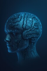 Vertical Futuristic Brain Profile with Integrated Circuitry and Microchips for AI Technology Illustration