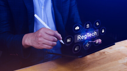 Regtech, Regulatory technology concept, management of regulatory processes with financial industry through technology, Regulatory monitoring, reporting and compliance, Machine learning tech.