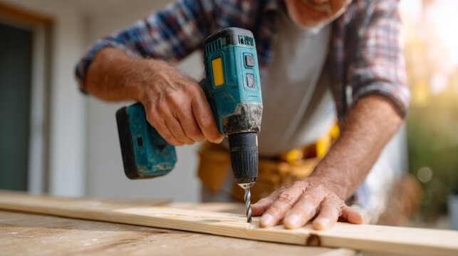 A senior man carefully drills into a wooden plank, showcasing his craftsmanship and attention to detail.