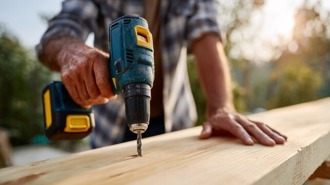 A male carpenter working diligently with a cordless drill on a piece of wood in a sunlit outdoor setting.