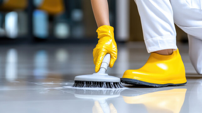 woman mopping tile floor in bright office or restroom with bucket and cleaning supplies, hygiene and sanitation concept, professional housekeeping, copy space