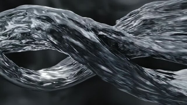 Slow motion close up of a shimmering silver liquid substance perpetually flowing around a complex Mobius strip structure detail, slow motion, ripple