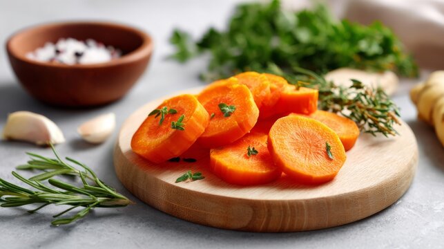 Freshly sliced carrots on a wooden board, surrounded by herbs and garlic, showcasing vibrant colors and a healthy lifestyle. - Powered by Adobe