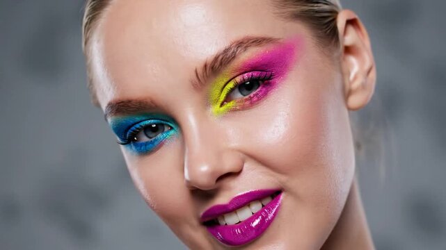 Close-up Pretty face of a beautiful woman with multi colors vivid makeup on minimal background 4K 10s 68459041 1