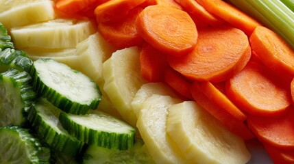 Vibrant assortment of sliced fresh vegetables including cucumbers, carrots, and celery, showcasing healthy eating.