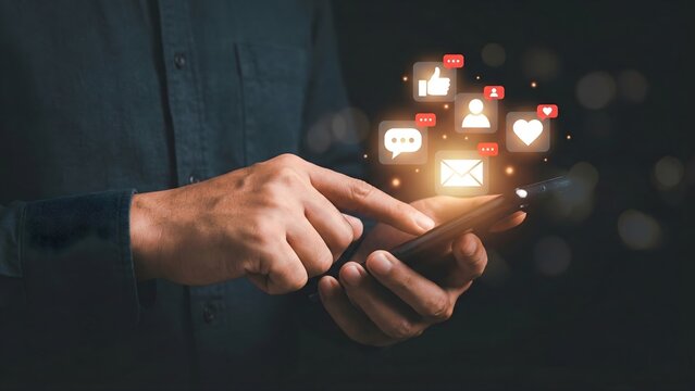 Person interacting with smartphone, surrounded by illuminated social media icons, illustrating digital engagement, online connectivity, and modern communication