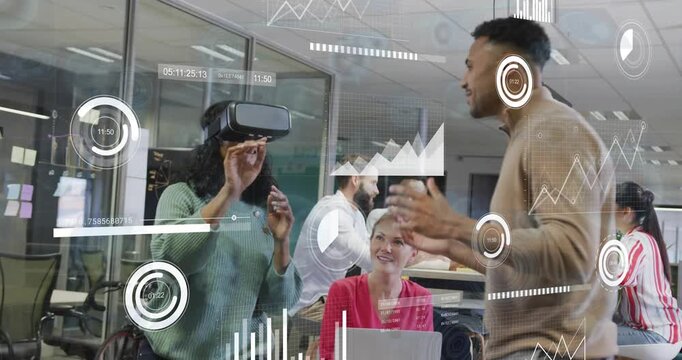 Woman lifting VR headset, initiating HUD and navigating virtual UI while lead guiding tech demo
