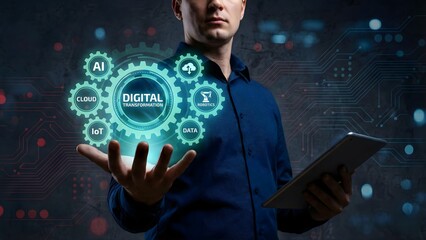 Digital Technology Concept Man with Tablet and Virtual Network