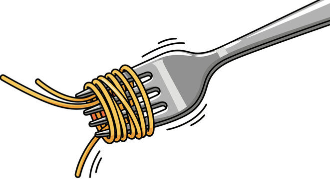 An expertly drawn cartoon showcases a sleek silver fork neatly wrapped with golden spaghetti, representing a classic, comforting, and simple Italian dish.