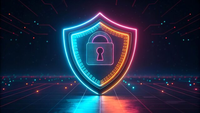 Glowing neon cybersecurity shield with lock symbol representing digital protection, data security and cyber defense 
 - Powered by Adobe