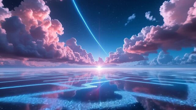 Abstract fantasy landscape with space, sunlight, clouds, and water reflection creating a beautiful, light blue ocean horizon at sunset