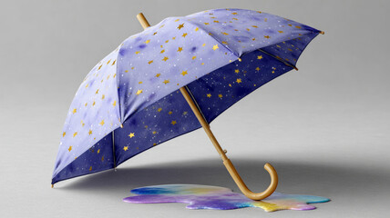 Purple umbrella with star pattern and spilled paint on gray.