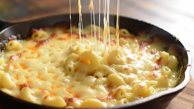 Close-up of a skillet filled with macaroni and cheese, showing gooey cheese pulls from the dish. The dish looks golden and bubbling