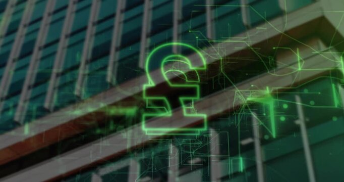 Faint green fragments sparking neon pound forming and pulsing over glass facade to visualize money