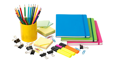 Assortment of Colorful School and Office Supplies on Black Background stationery school supplies isolated on a transparent background