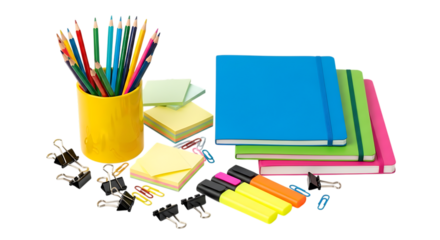 Assortment of Colorful School and Office Supplies on Black Background stationery school supplies isolated on a transparent background