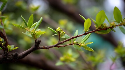 A close-up shot of a tree branch with delicate, fresh green leaves or small buds emerging, soft bokeh background, symbolizing new beginnings, growth, and vitality
