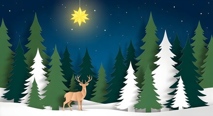 deer in winter forest paper art