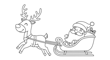 Santa Claus and Reindeer Sleigh Ride Coloring Page for Kids.