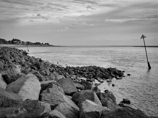 Black and white landscape photograph of Exmouth seafront