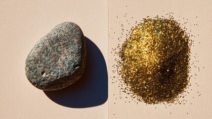 Fototapeta premium River stone and gold glitter flat lay symbolizing transformation for personal growth content, luxury branding, mindfulness editorial, and motivational design