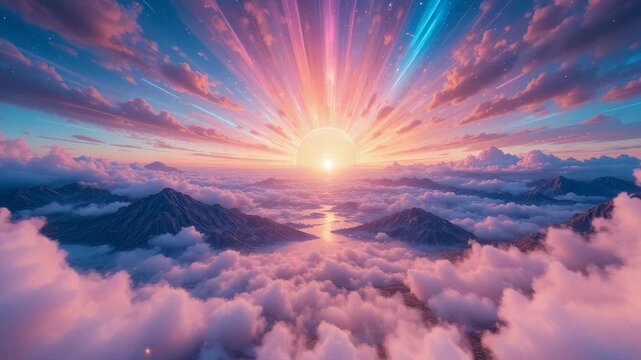 Beautiful sunrise in the mountains with dramatic orange and red clouds in the blue sky