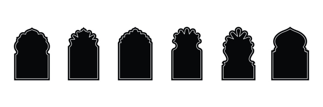 Collection of oriental style Islamic arches and windows. Islamic architecture elements. Shape Islamic door and window silhouette Arabic arch. Collection of patterns in oriental style. eps 10 