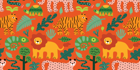 Seamless jungle pattern with lion, tiger, leopard, chameleon, turtle, tropical leaves. Bright cute funny  summer illustration, orange background, green and yellow colors. Vector seamless texture. © Anna
