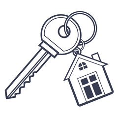 A simple clean line art illustration of a house shaped keychain attached to a metal key on a keyring symbolizing home ownership and real estate