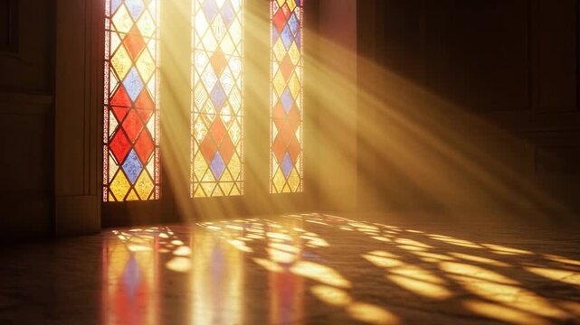 Sunlight streaming through stained glass windows onto the floor  
