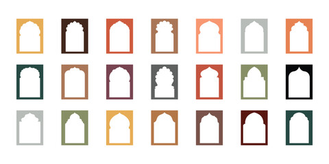  Set of black silhouette eid mubarak decorative arches, mosque borders or moroccan gates. Perfect for Eid, Ramadan, Diwali, and festive invitations. eps 10  