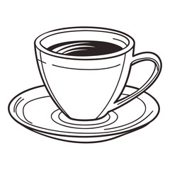 Simple black and white line art illustration of a classic coffee cup filled with dark liquid and resting on a matching saucer perfect for graphic design elements