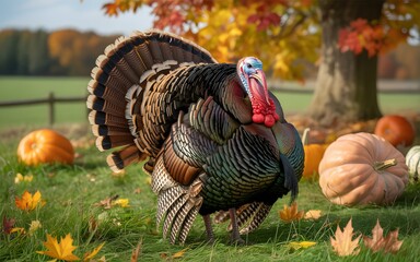 Majestic wild turkey in an autumn field with pumpkins and colorful fall foliage