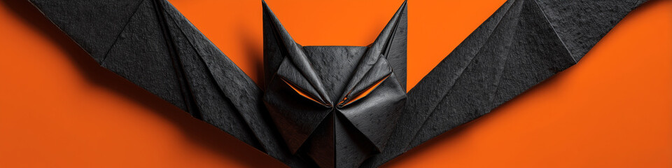 Extreme close-up, ultra-realistic macro photograph of a black origami bat on an orange background with copy space. Perfect for Halloween-themed design or magazine cover. Generative Ai.