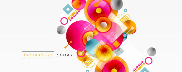 Abstract colorful design. Circles, squares, lines create dynamic composition. Modern graphic elements, bright hues, clean aesthetic.