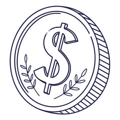 A hand drawn outline of a coin featuring a prominent dollar symbol surrounded by laurel branches on a white background representing wealth and success