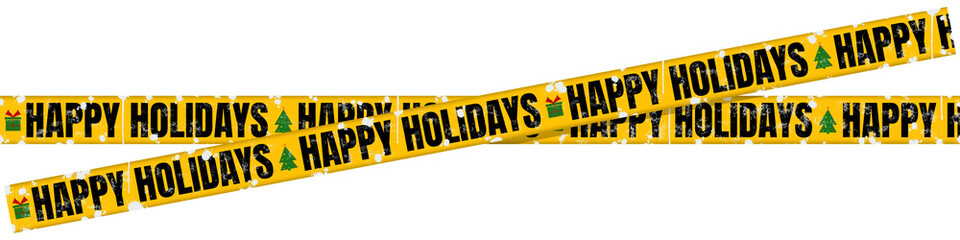 Yellow Caution Tape with Bold Black &ldquo;Happy Holidays&rdquo; Text &ndash; Festive Holiday Banner with Christmas Tree and Gift Icons and White Paint Splatter on Transparent Background