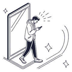 Young man engrossed in his smartphone walks out of a large digital screen symbolizing technology immersion and digital life