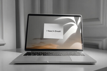 Motivational Reminder for Rest on Laptop Screen.  Perfect for articles about burnout, remote work stress, productivity breaks, and mental health awareness.