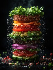 Veggie Burger Layers in Artistic Floating Formation. Ideal for healthy eating campaigns, vegan branding, or modern food photography showcases.