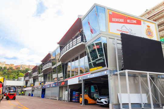 Pit lane of the Formula 1 Monaco Grand Prix in Monte Carlo, Monaco
