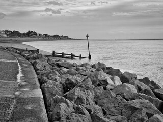 Black and white landscape photograph of Exmouth seafront