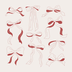 Hand-drawn bow collection with elegant ribbon shapes. Minimal decorative set for packaging, cards, textiles, and festive designs.