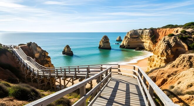 Coastal boardwalk leads to scenic beach with ocean and rock formations under blue sky - Powered by Adobe