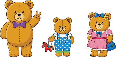 Set of three cute cartoon teddy bears in different outfits, vector illustration of toy characters for children's design and parties
